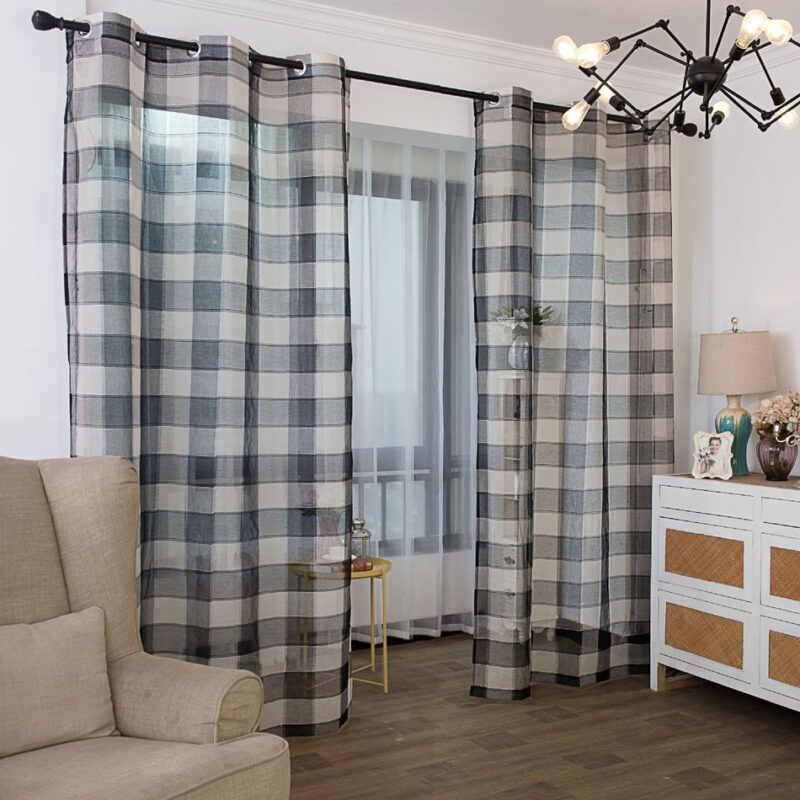 Retro Deco Home Geometric Check Sheer Curtains