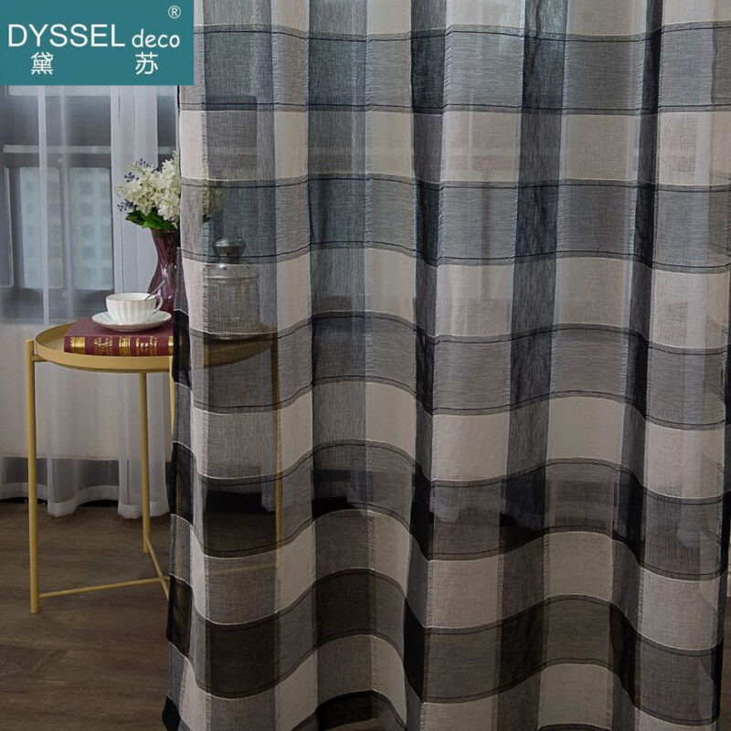 Retro Deco Home Geometric Check Sheer Curtains - Image 2