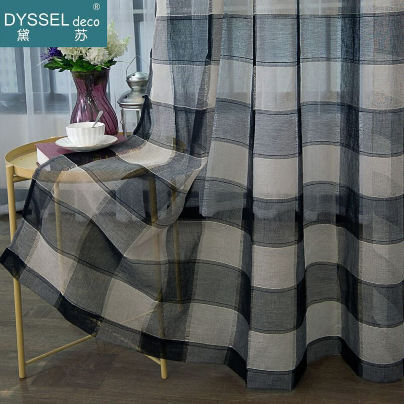 Retro Deco Home Geometric Check Sheer Curtains - Image 3