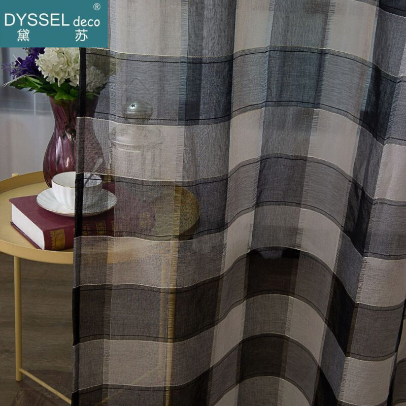 Retro Deco Home Geometric Check Sheer Curtains - Image 4