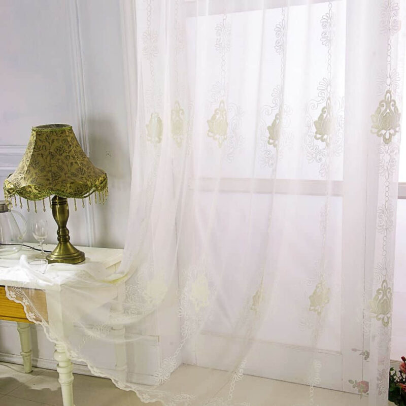 Home Scallop Embroidery White Floral Sheer Window Curtain