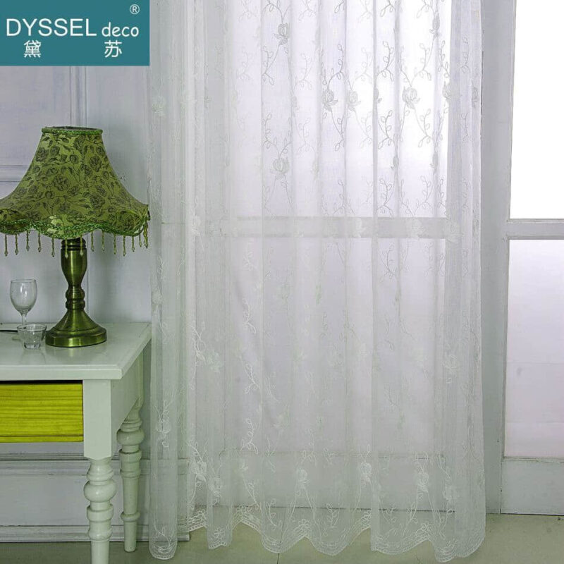Home Full Scallop Embroidery Floral Window Tulle Sheer Curtains