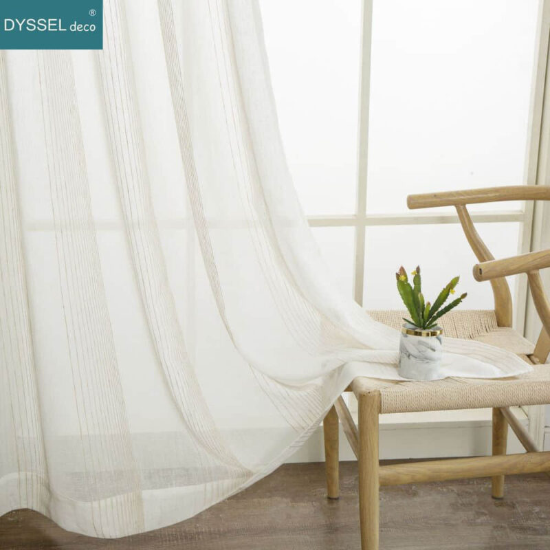 Modern Natural linen stripe tulle sheer gromment windows curtain - Image 5